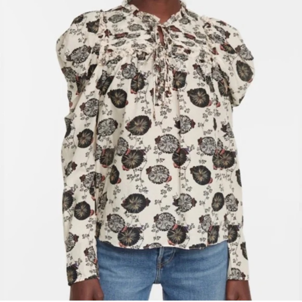 Ulla Johnson Cream Floral-Print Puff-Sleeve Blouse